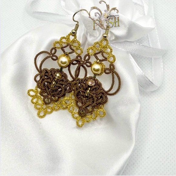 Unique Gold & Brown Tatting Earrings β Only One Pair! - Picture 4 of 5
